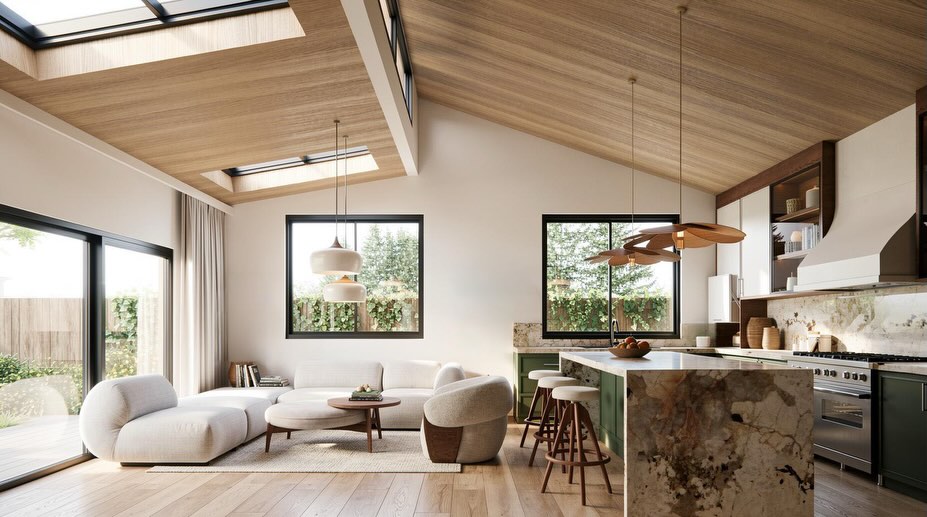 Our latest custom designed ADU with a modern mediterranean approach and subtle bohemian warmth.
Vaulted ceilings, natural oak tones, soft textures, muted greens, and layered lighting helped transform a compact footprint into a space that feels open, calm, and inviting.
