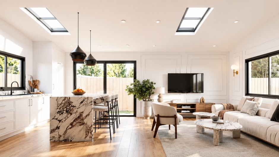 This ADU was built around light before anything else.
Two skylights cutting through the ceiling.
Soft oak floors warming up the space by sunset.
Walls detailed just enough to create rhythm without feeling heavy.
Every material chosen to slow the room down instead of compete inside it.