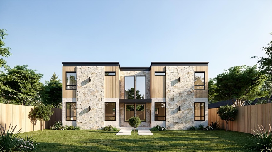 A closer look at one of our latest mutlifamily projects.
The exterior combines natural stone, warm wood siding, and large windows to create a clean but welcoming feel. We kept the overall composition simple, while using the material changes and window placement to give the home more depth and character.
